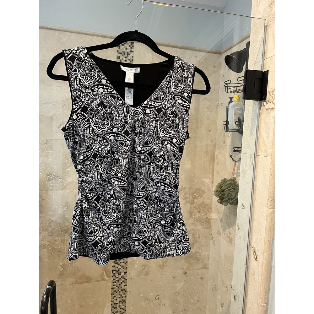 White House Black Market Reversible Tank Top Black Paisley V-Neck Ruched Small